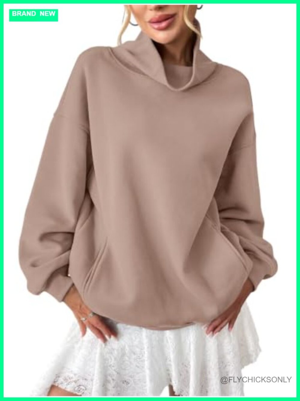 Chickwin Oversized Fleece Turtleneck Sweatshirt Pullover with Pockets